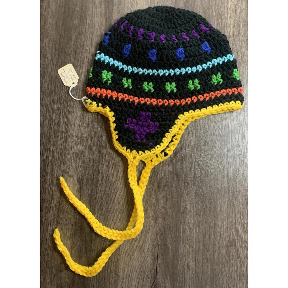 Hand Crochet Small Adult Beanie Multi Colors Colorful Wool Blend Yellow Trim